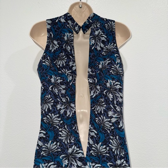 Rebecca Taylor Floral Mini Dress 4 Mystic Blue Mock Neck Sleeveless Ruffle Hem - Picture 8 of 12
